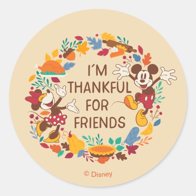 Thanksgiving Joy with Mickey and Minnie Classic Round Sticker (Front)