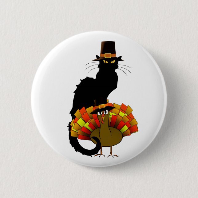 Thanksgiving Le Chat Noir With Turkey Pilgrim 2 Inch Round Button (Front)