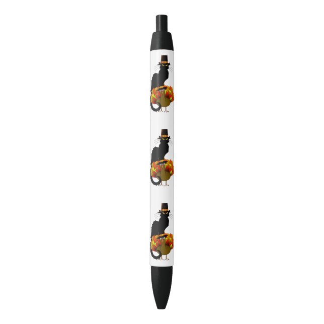 Thanksgiving Le Chat Noir With Turkey Pilgrim Blue Ink Pen (Front Vertical)
