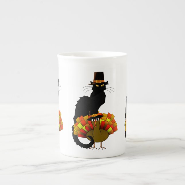 Thanksgiving Le Chat Noir With Turkey Pilgrim Bone China Mug (Front)