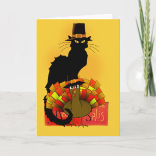 Thanksgiving Le Chat Noir With Turkey Pilgrim Holiday Card