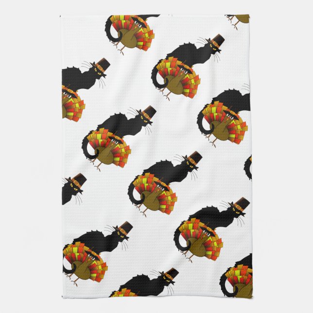 Thanksgiving Le Chat Noir With Turkey Pilgrim Kitchen Towel (Vertical)