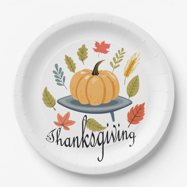 Thanksgiving Leaves and Pumpkin in Autumn colors Paper Plate (Front)
