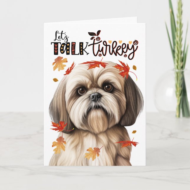 Thanksgiving Lhasa Apso Let's Talk Turkey Holiday Card (Front)