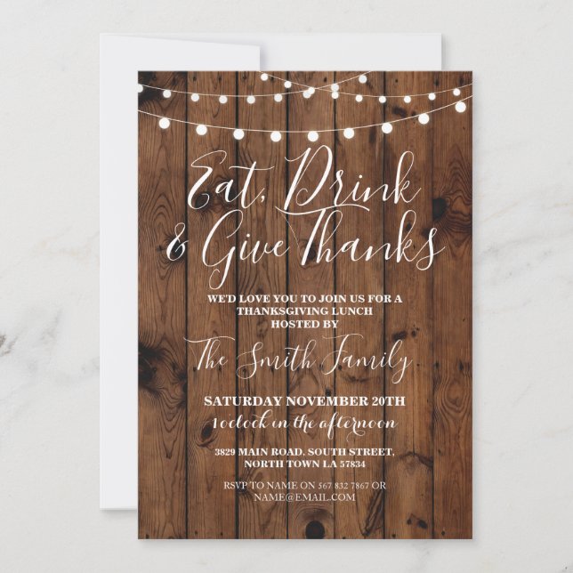 Thanksgiving Lunch Wood Rustic Lights Invite (Front)