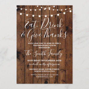 Thanksgiving Lunch Wood Rustic Lights Invite