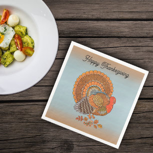 Thanksgiving Male Turkey Fanned Tail Blue Orange Napkin