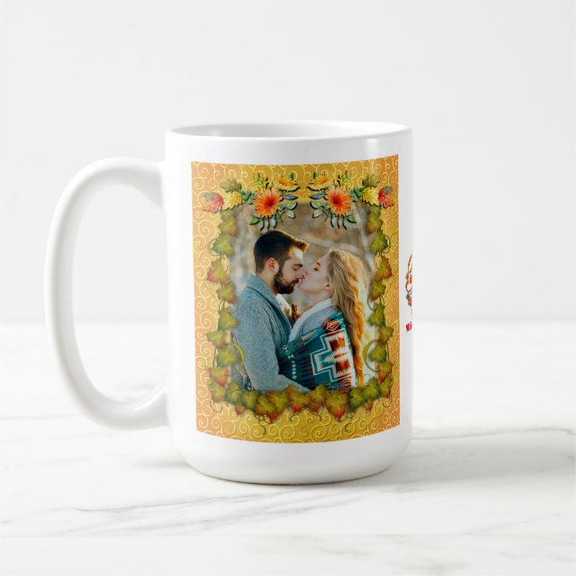 Thanksgiving, Maple Leaves, pumpkins, and flowers Coffee Mug (Left)
