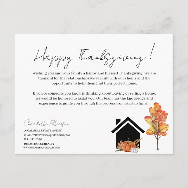 Thanksgiving Marketing Real Estate Realtor  Holiday Postcard (Front)