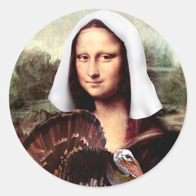 Thanksgiving Mona Lisa Pilgrim with Turkey Classic Round Sticker (Front)