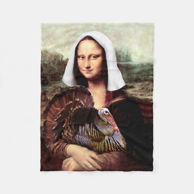 Thanksgiving Mona Lisa Pilgrim with Turkey Fleece Blanket (Front)