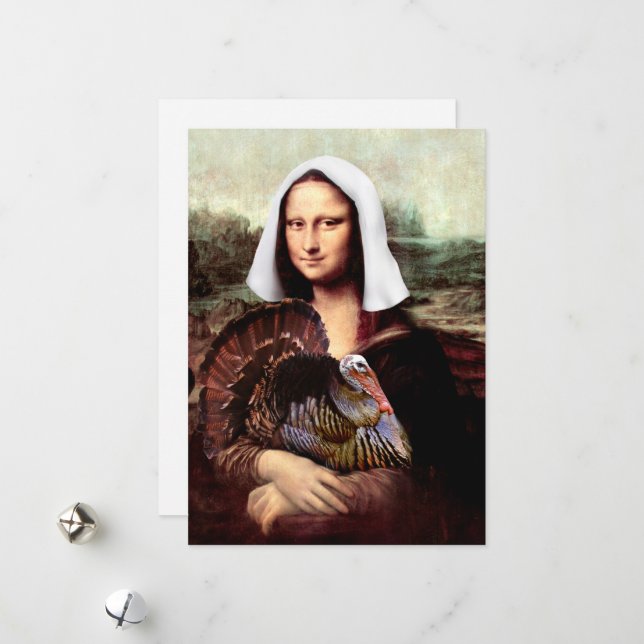 Thanksgiving Mona Lisa Pilgrim with Turkey Holiday Card (Front/Back In Situ)