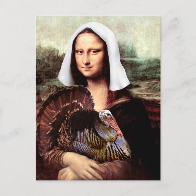 Thanksgiving Mona Lisa Pilgrim with Turkey Holiday Postcard (Front)