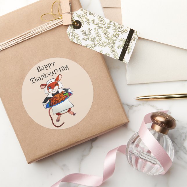 THANKSGIVING MOUSE PILGRIM   CLASSIC ROUND STICKER (Gifting)