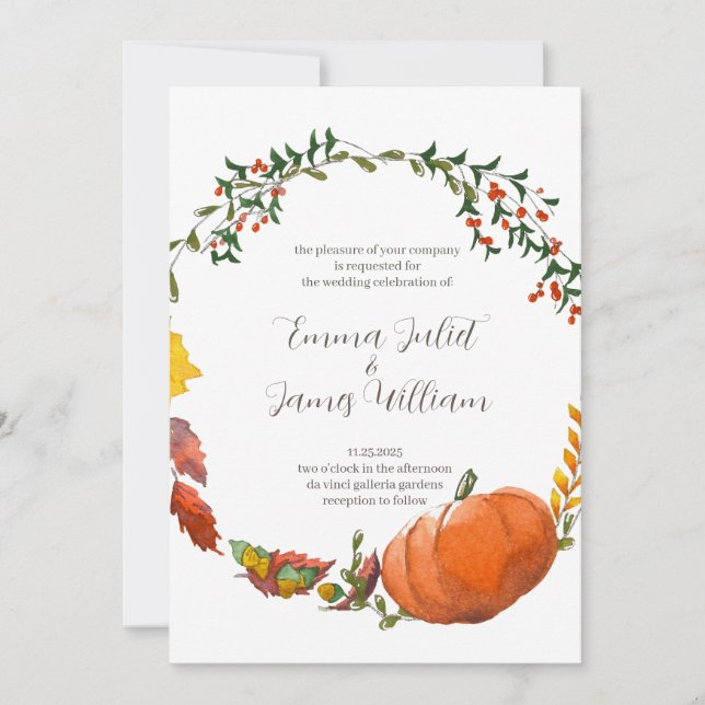 Thanksgiving or Fall Watercolor Wedding Invitation (Front)