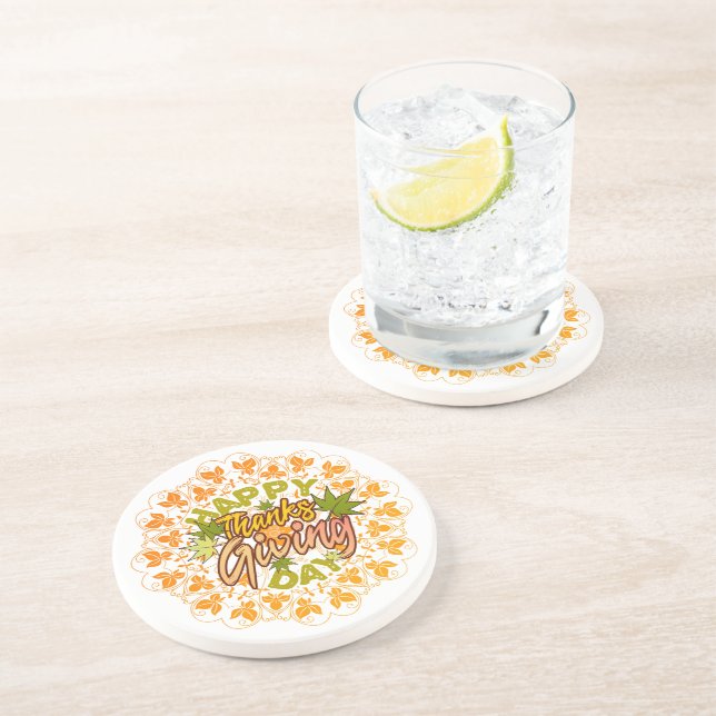 Thanksgiving Orange Bohemian Mandala Autumn Leaves Coaster (Side)