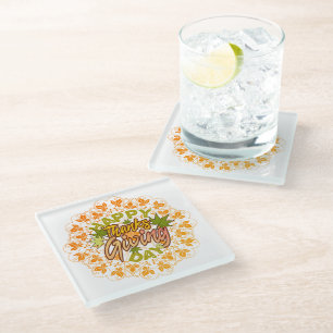 Thanksgiving Orange Bohemian Mandala Autumn Leaves Glass Coaster