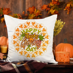 Thanksgiving Orange Bohemian Mandala Autumn Leaves Throw Pillow