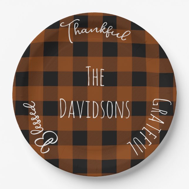 Thanksgiving Orange Buffalo Plaid Paper Plates (Front)