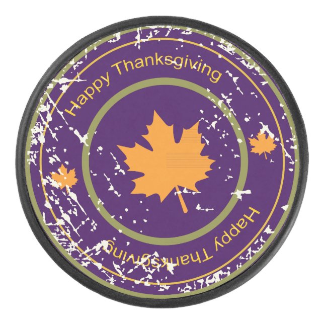 Thanksgiving Orange  Maple Leaf, Ice Hockey Puck (Front)
