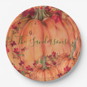 Thanksgiving Orange Pumpkins Fall Leaves     Paper Plate