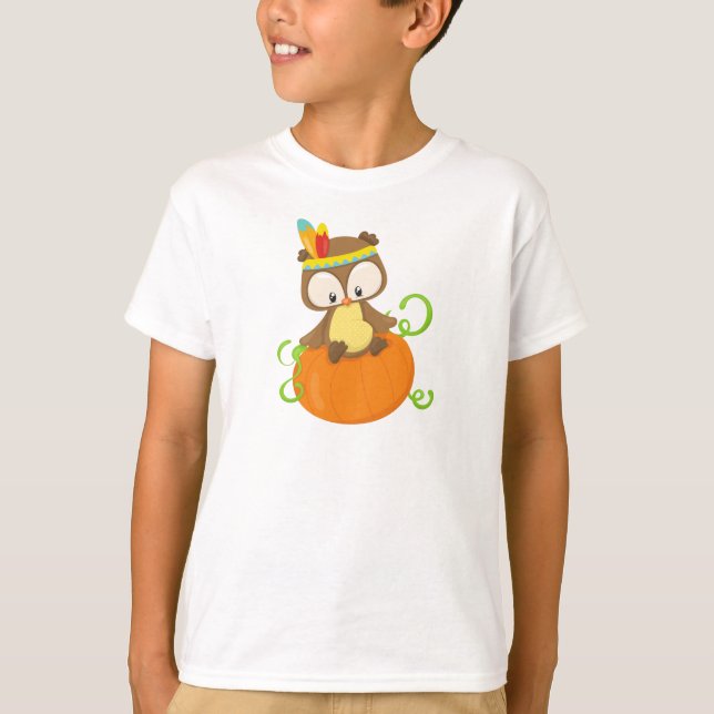 Thanksgiving Owl, Brown Owl, Feathers, Pumpkin T-Shirt (Front)