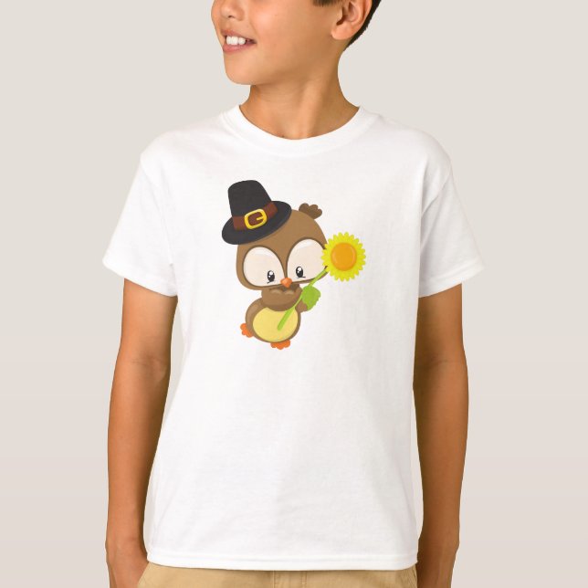 Thanksgiving Owl, Brown Owl, Pilgrim Hat, Flower T-Shirt (Front)