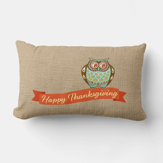 Thanksgiving Owl Pillow on faux Burlap (Front)