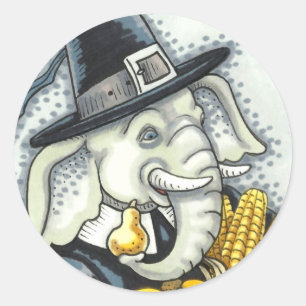 THANKSGIVING PACHYDERM, THANKFUL PILGRIM ELEPHANT CLASSIC ROUND STICKER