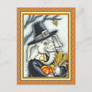 THANKSGIVING PACHYDERM, THANKFUL PILGRIM ELEPHANT HOLIDAY POSTCARD