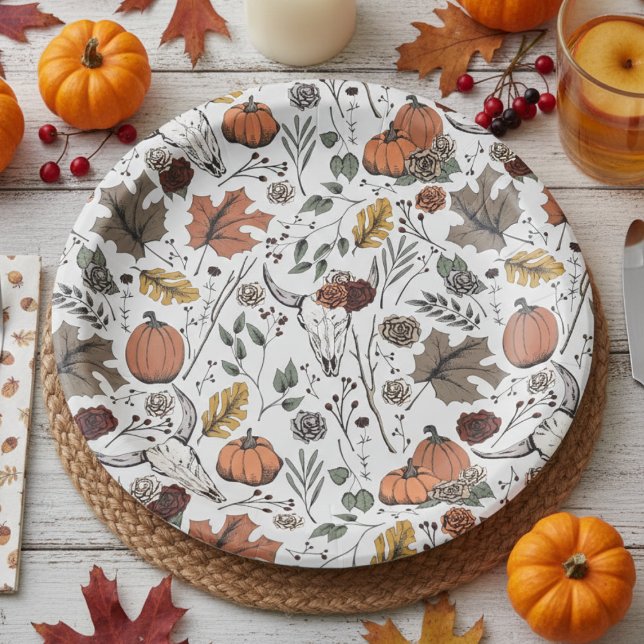 Thanksgiving Pattern Cow Skull Fall Harvest Paper Plate (Chic Rustic Floral Cow Skull Pattern Autumn Paper Plates. Country Western & Slightly Gothic Style)