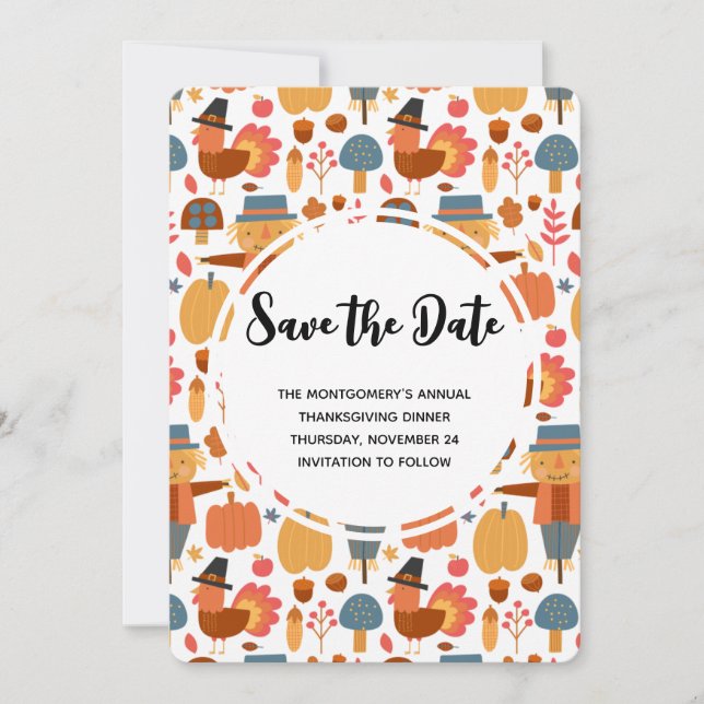 Thanksgiving Pattern with Turkeys & Scarecrows Save The Date (Front)