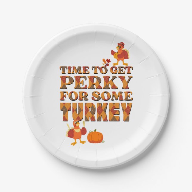 Thanksgiving PERKY FOR TURKEY Plaid Paper Plate (Front)