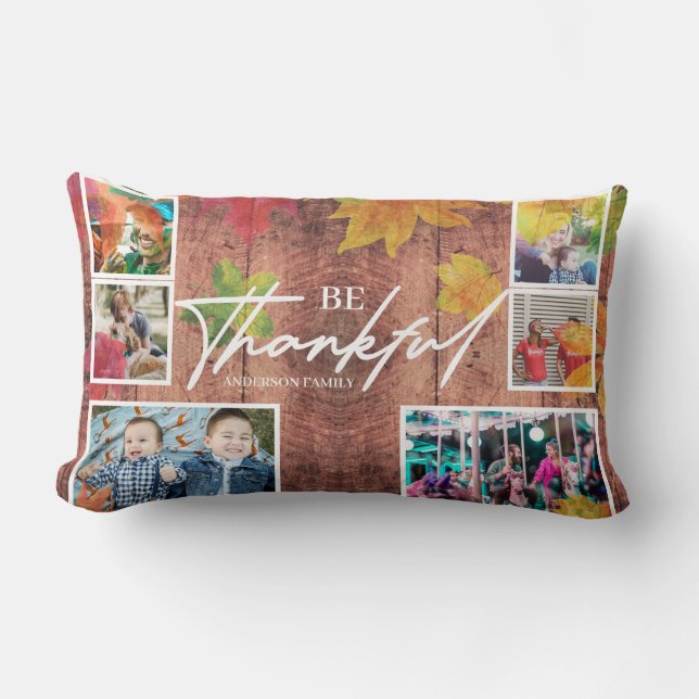 Thanksgiving Photo Collage on wood Lumbar Pillow (Front)