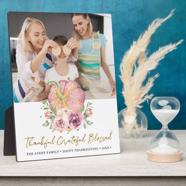 Thanksgiving Photo Personalized Pumpkin Pink Plaque (Side)