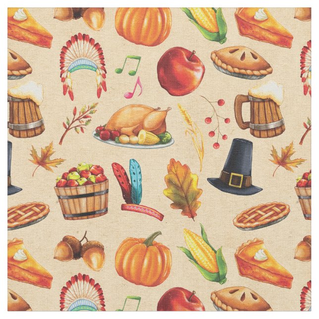 Thanksgiving Pie Turkey Pumpkin Pattern Fabric (Close Up)
