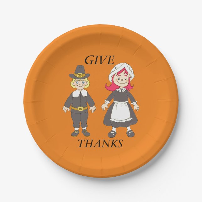 Thanksgiving Pilgrim Boy And Girl Paper Plate (Front)