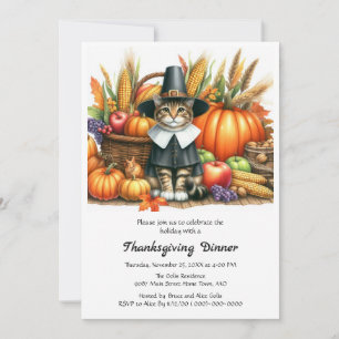 Thanksgiving Pilgrim Cat  and Pumpkins  Invitation