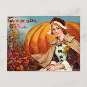 Thanksgiving Pilgrim Girl With Pumpkin Holiday Postcard