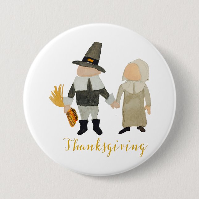 Thanksgiving Pilgrim Puritan Toddler Girl and Boy 3 Inch Round Button (Front)