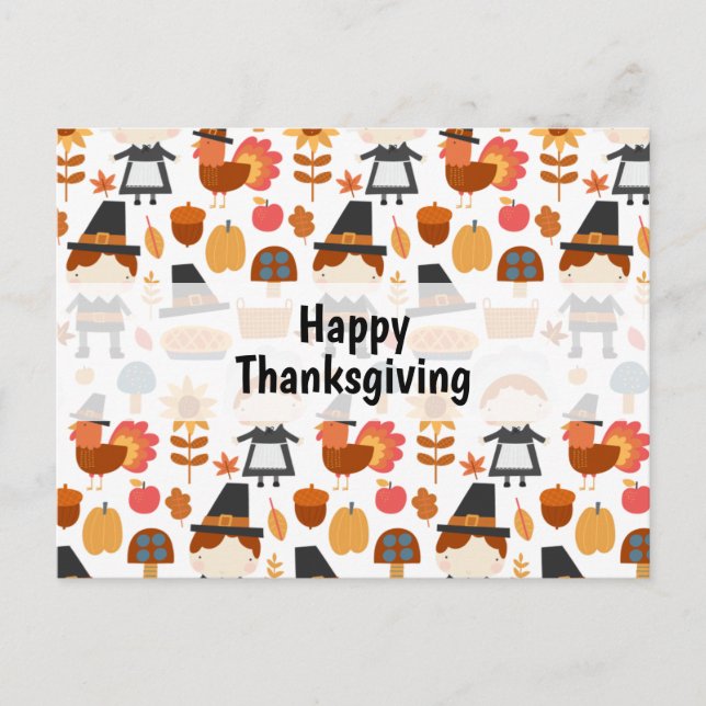 Thanksgiving Pilgrims Harvest Pattern Holiday Postcard (Front)