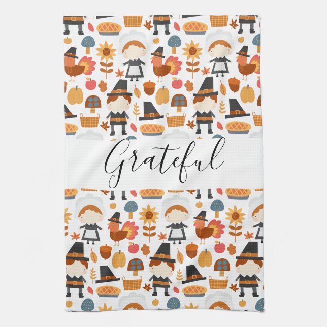Thanksgiving Pilgrims Harvest Pattern Kitchen Towel (Vertical)