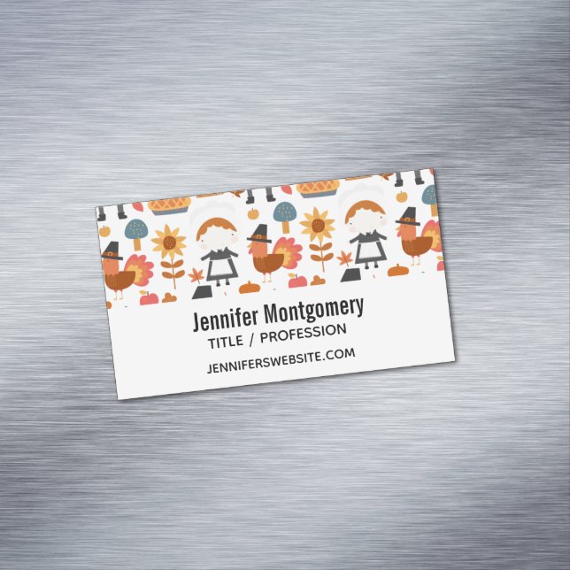 Thanksgiving Pilgrims Harvest Pattern Magnetic Business Card (In Situ)