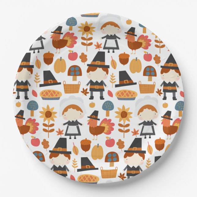  Thanksgiving Pilgrims Harvest Pattern Paper Plate (Front)
