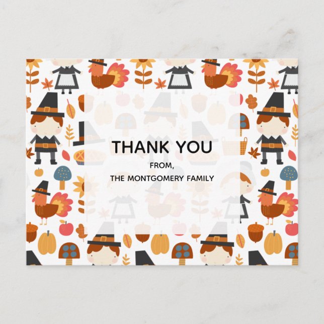 Thanksgiving Pilgrims Harvest Pattern Thank You Postcard (Front)