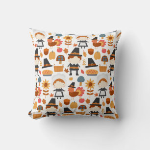 Thanksgiving Pilgrims Harvest Pattern Throw Pillow