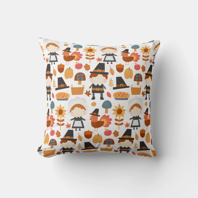 Thanksgiving Pilgrims Harvest Pattern Throw Pillow (Front)