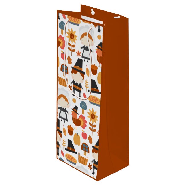Thanksgiving Pilgrims Harvest Pattern Wine Gift Bag (Front Angled)