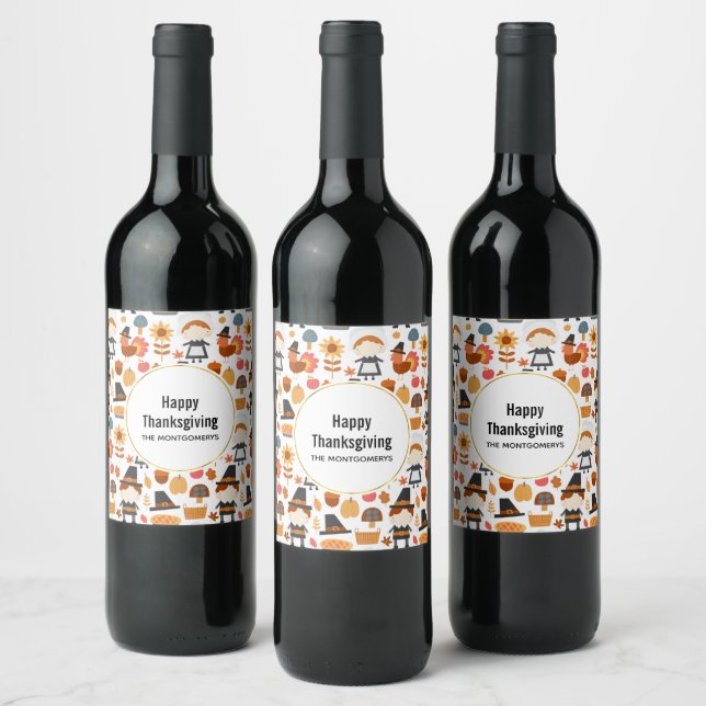 Thanksgiving Pilgrims Harvest Pattern Wine Label (Bottles)