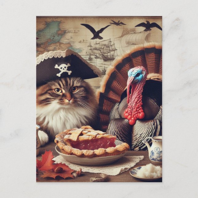 Thanksgiving Pirate Cat and Turkey With Pie Postcard (Front)